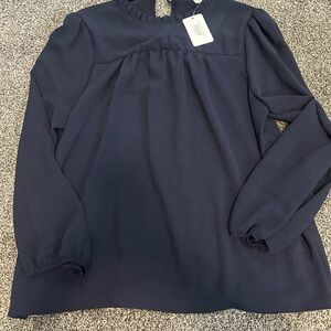 Les Amis navy blue ruffle neck blouse (L) NWT